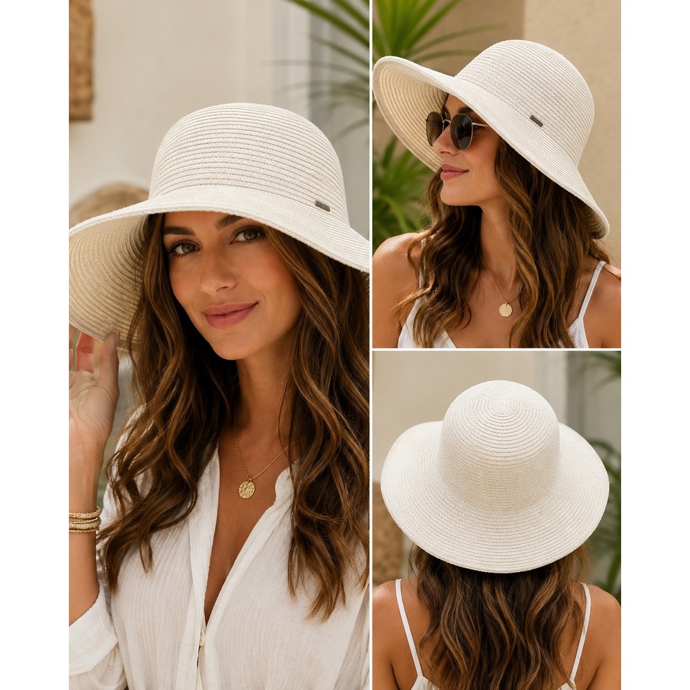 Betmar New York Cream Woven Paper Straw Sun Hat Wide Brim Summer Beach Style 160